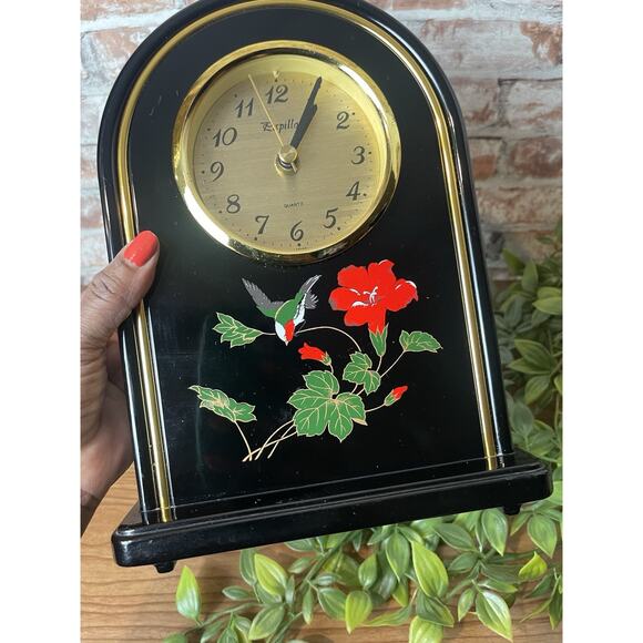 Vintage 1980s Papillon Quartz Mantel Table Clock Black Lacquer Clock Dome Shape - Picture 10 of 12